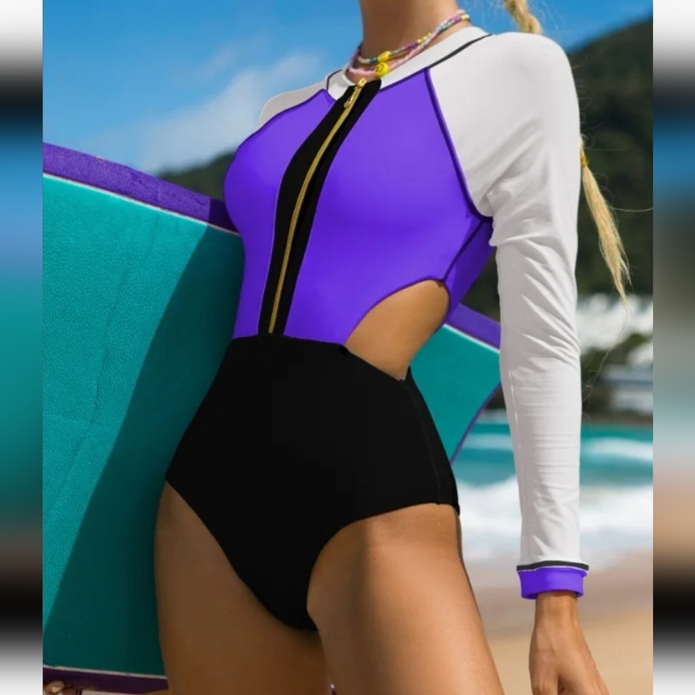 New Swimwear Color Block Long Sleeved Sunscreen Zip One Piece